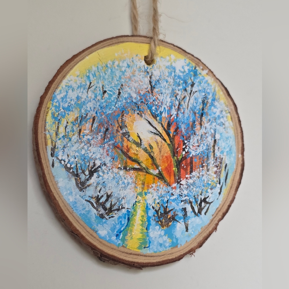 Hand-Painted Wood Slice Ornament - Winter Tree Scene - Handmade Rustic Decor